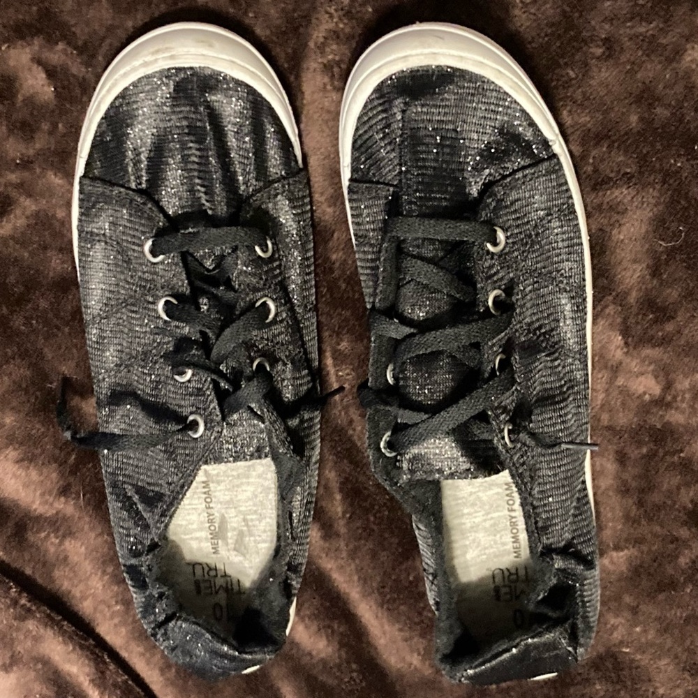 Time & Tru Black Glitter Flat Lace Up Shoes SZ 10